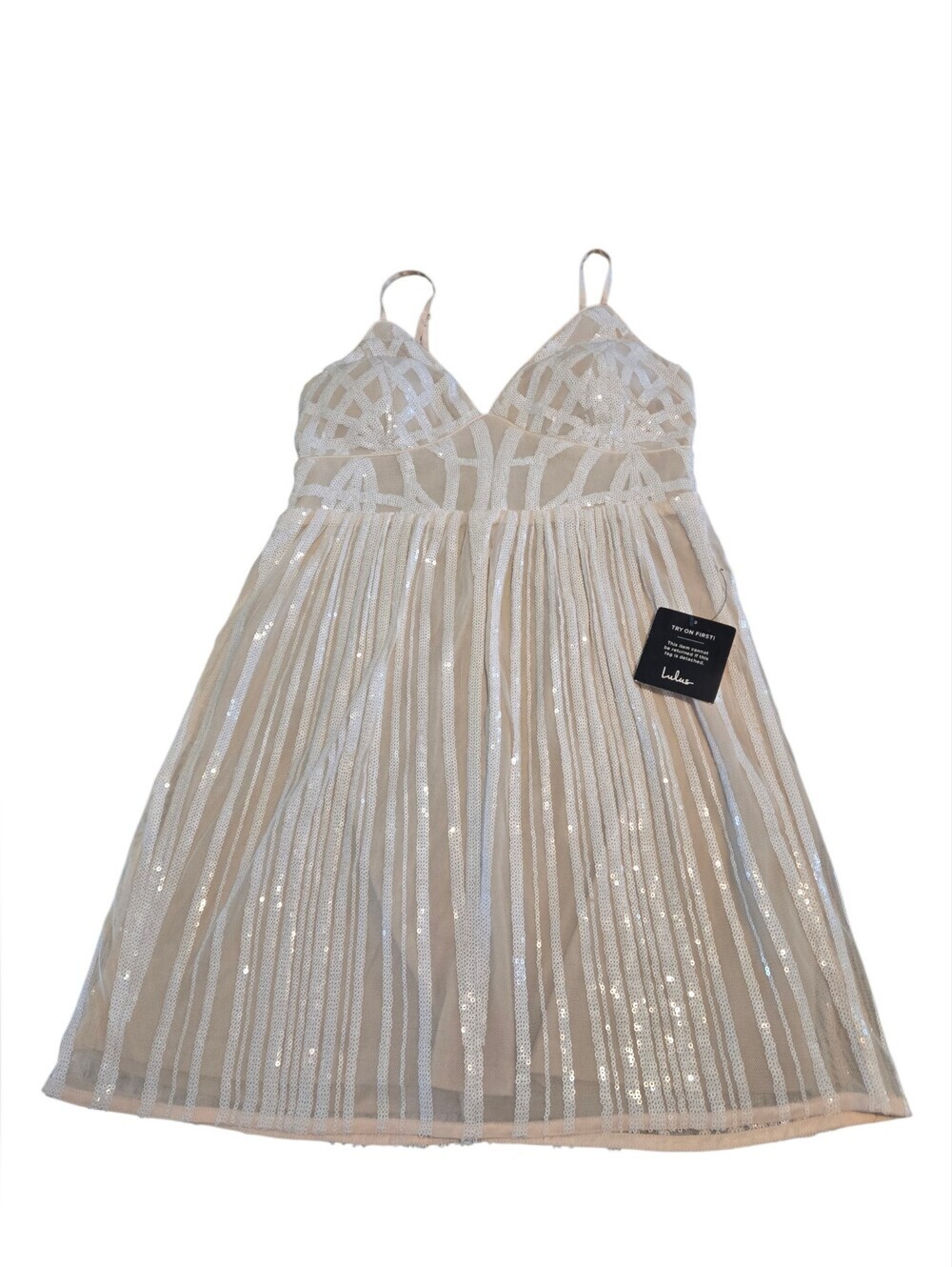 Lulus Sparkling Moment Lace Pleated Mini Dress White & Cream Sequin Women M NWT